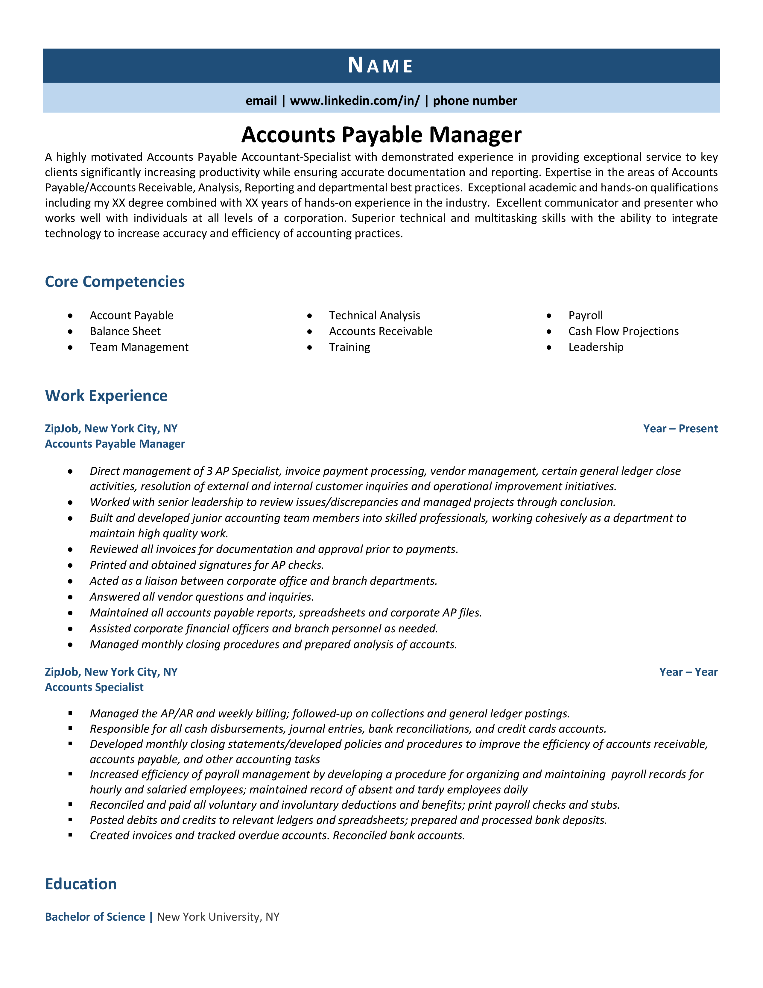 account management duties for resume