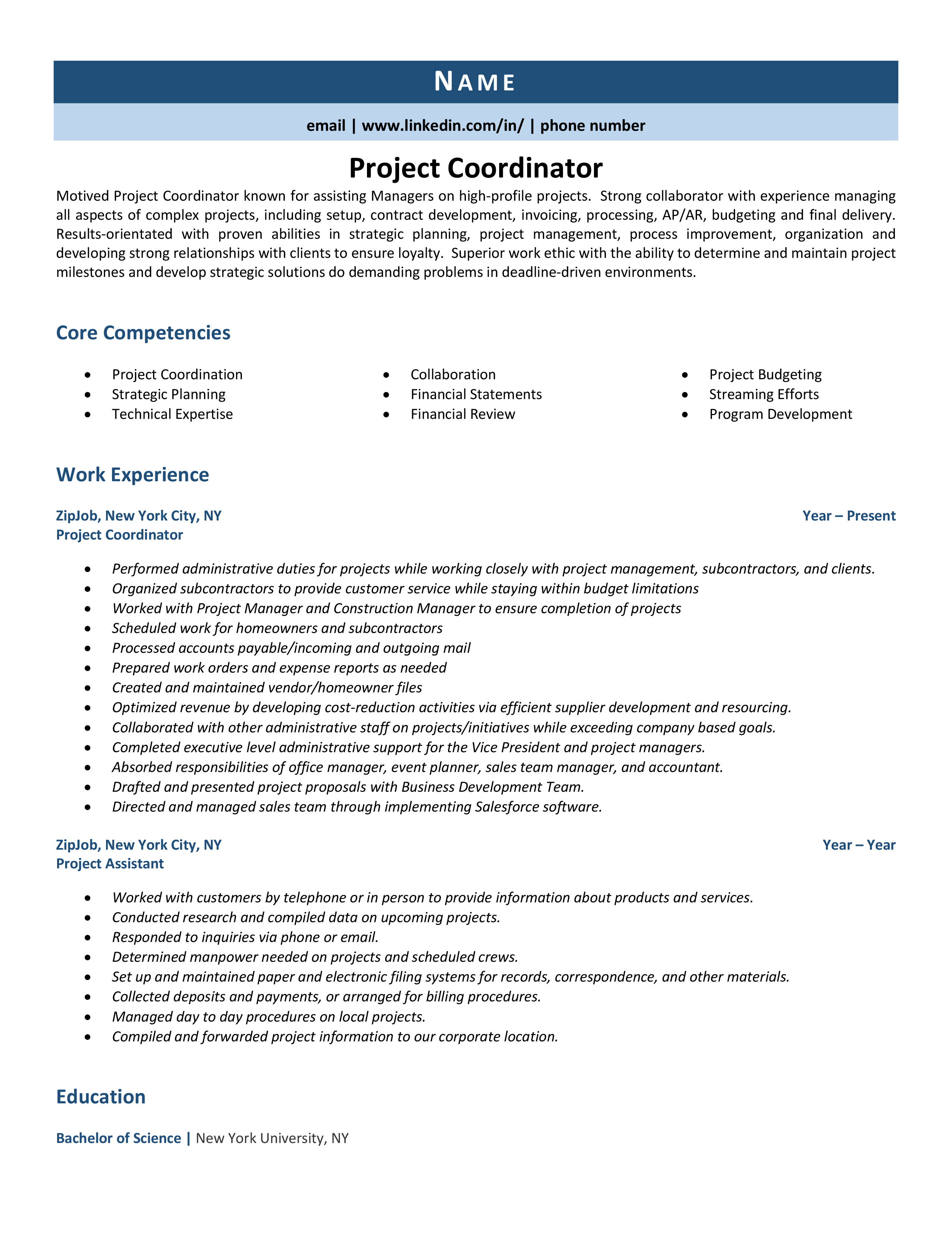 Project Coordinator Resume Example Tips Tricks ZipJob   Project Coordinator 