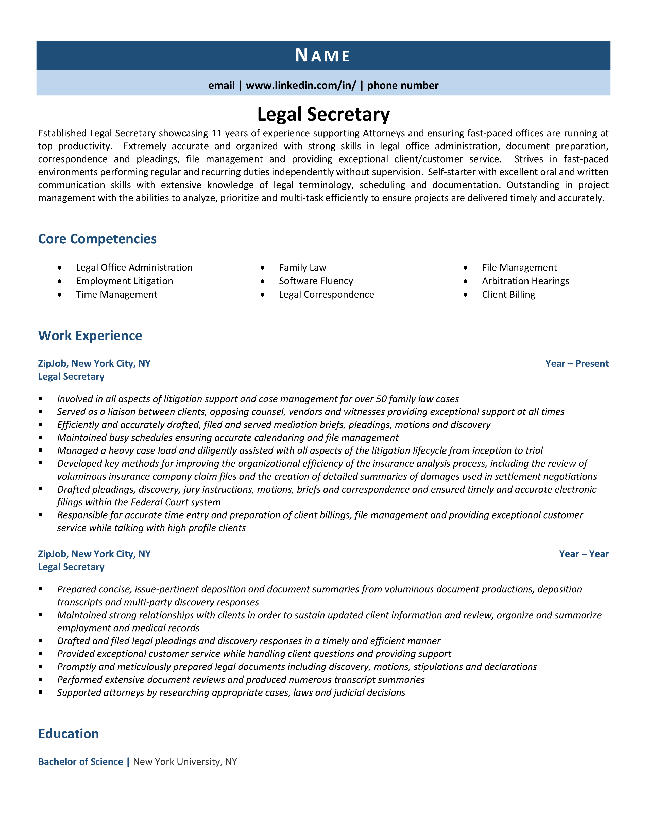 Legal Secretary Resume Example Guide ZipJob   Legal Secretary 