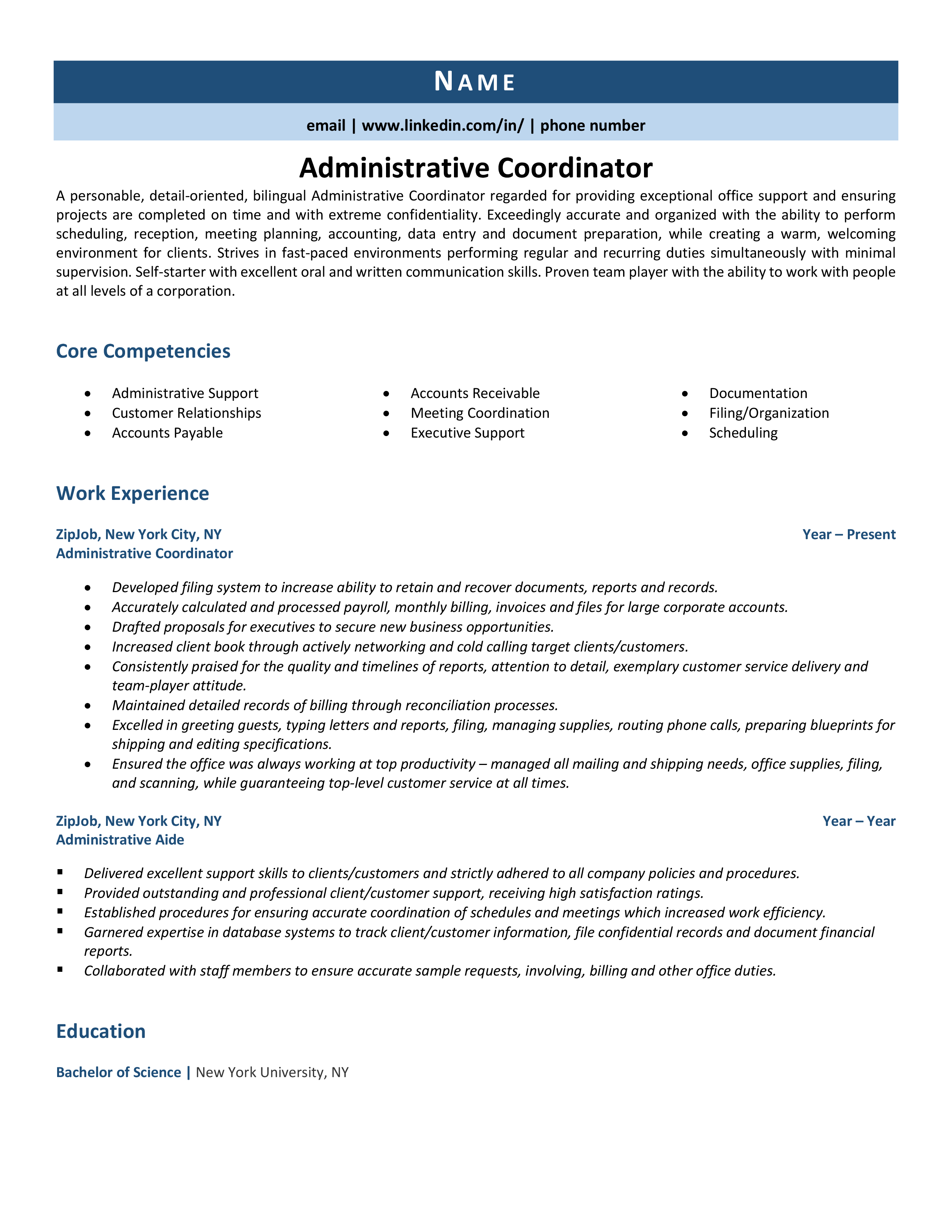 Administrative Coordinator Resume Example Guide ZipJob   Administrative Coordinator 