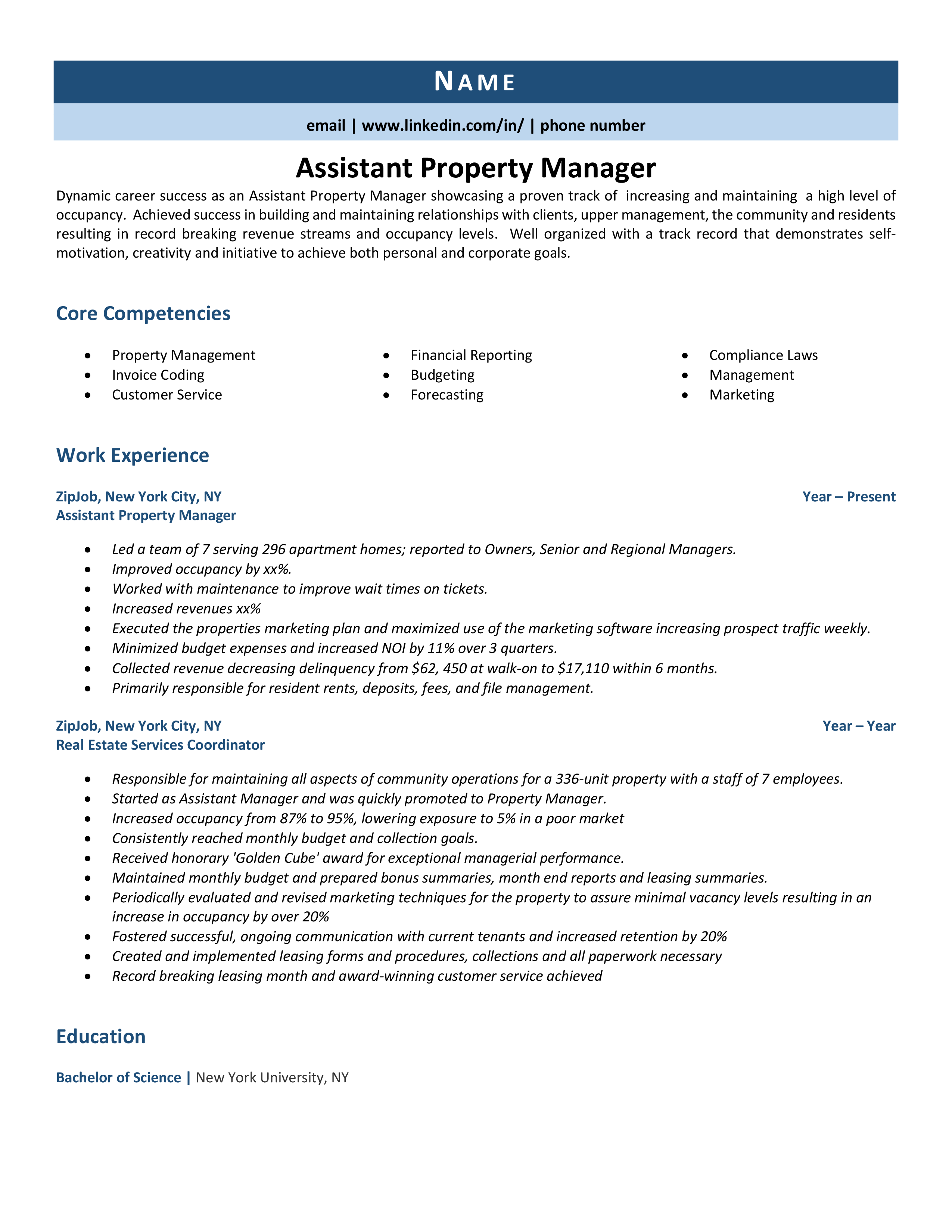 Assistant Property Manager Resume Example Guide ZipJob   Assistant Property Manager 