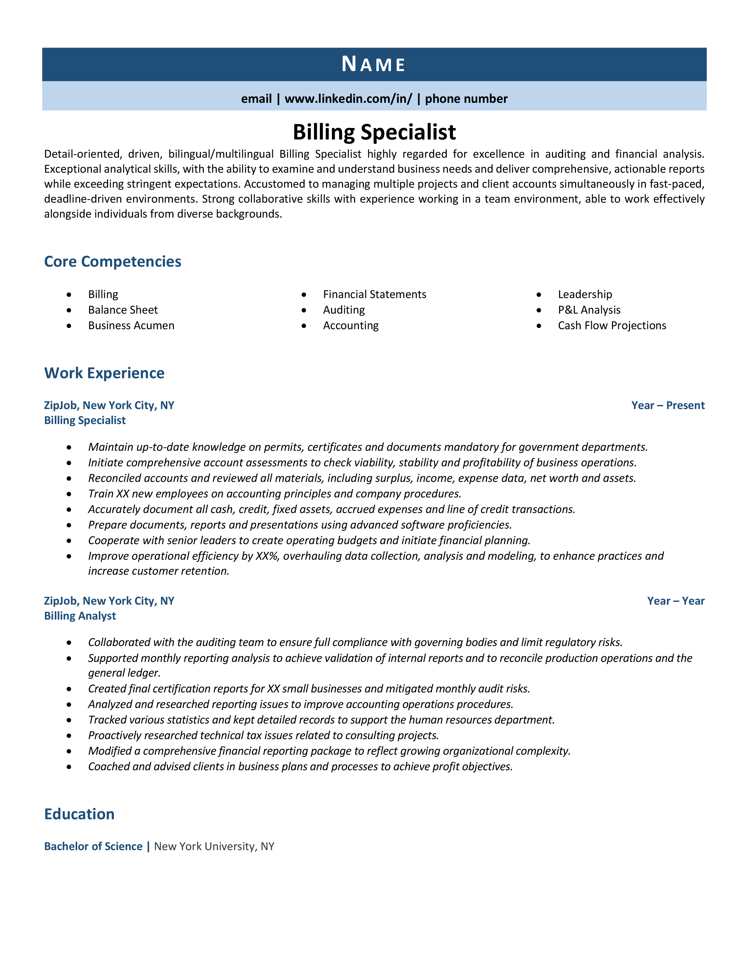 Billing Specialist Resume Example Guide ZipJob   Billing Specialist 