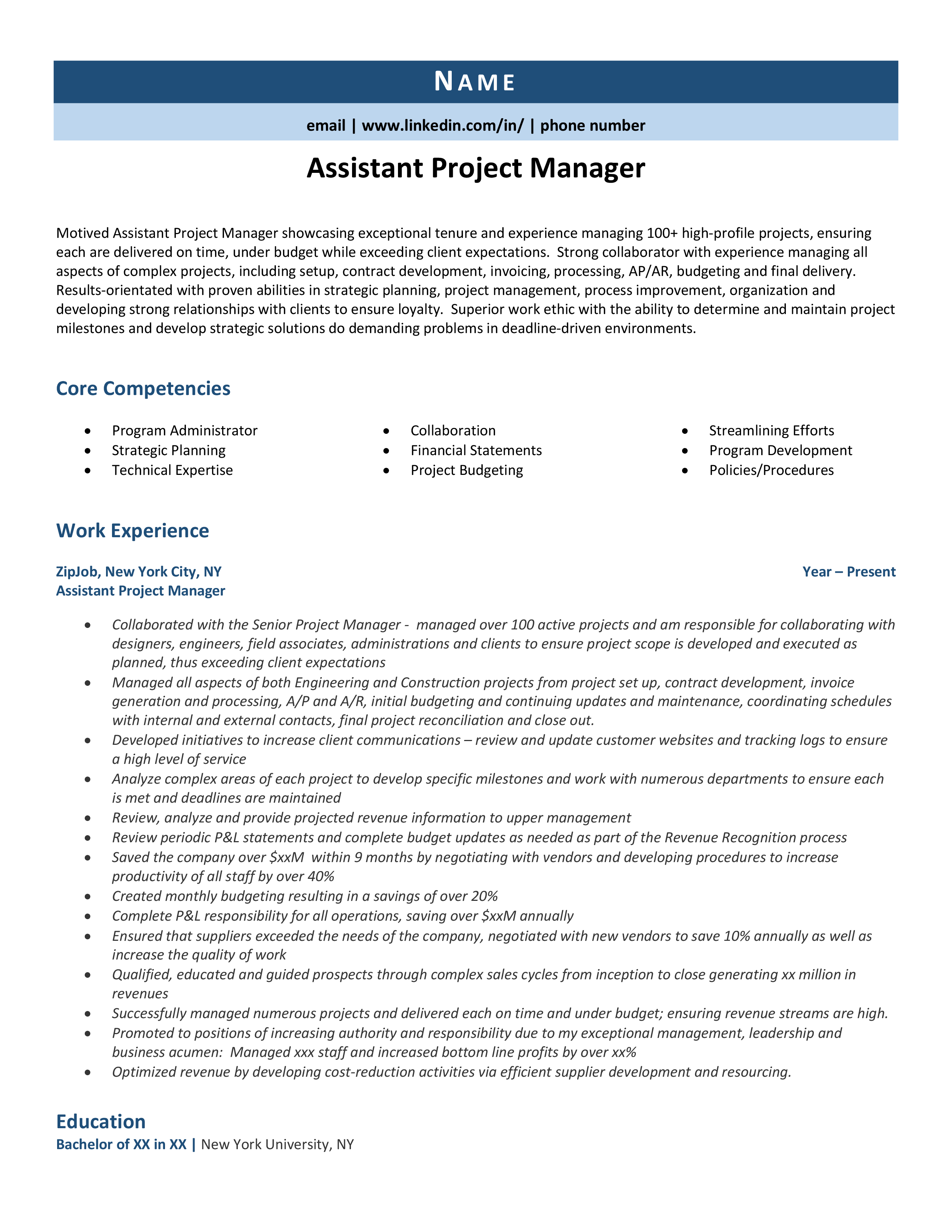 assistant construction project manager resume