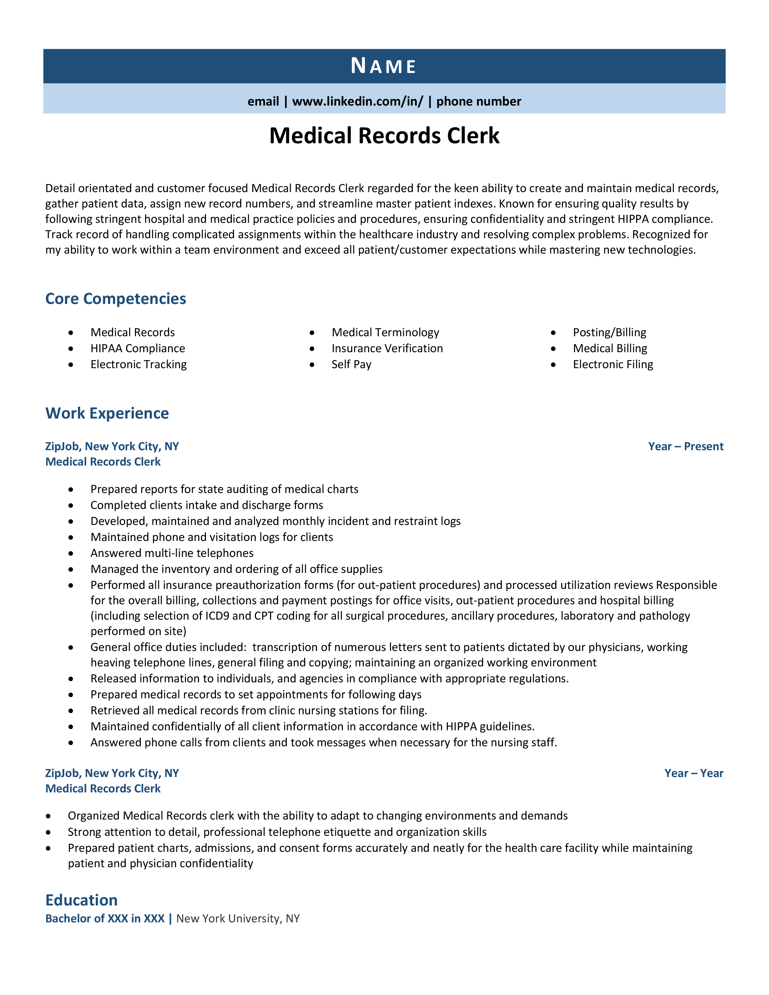 Medical Records Clerk Resume Example Guide ZipJob   Medicalrecordsclerk 