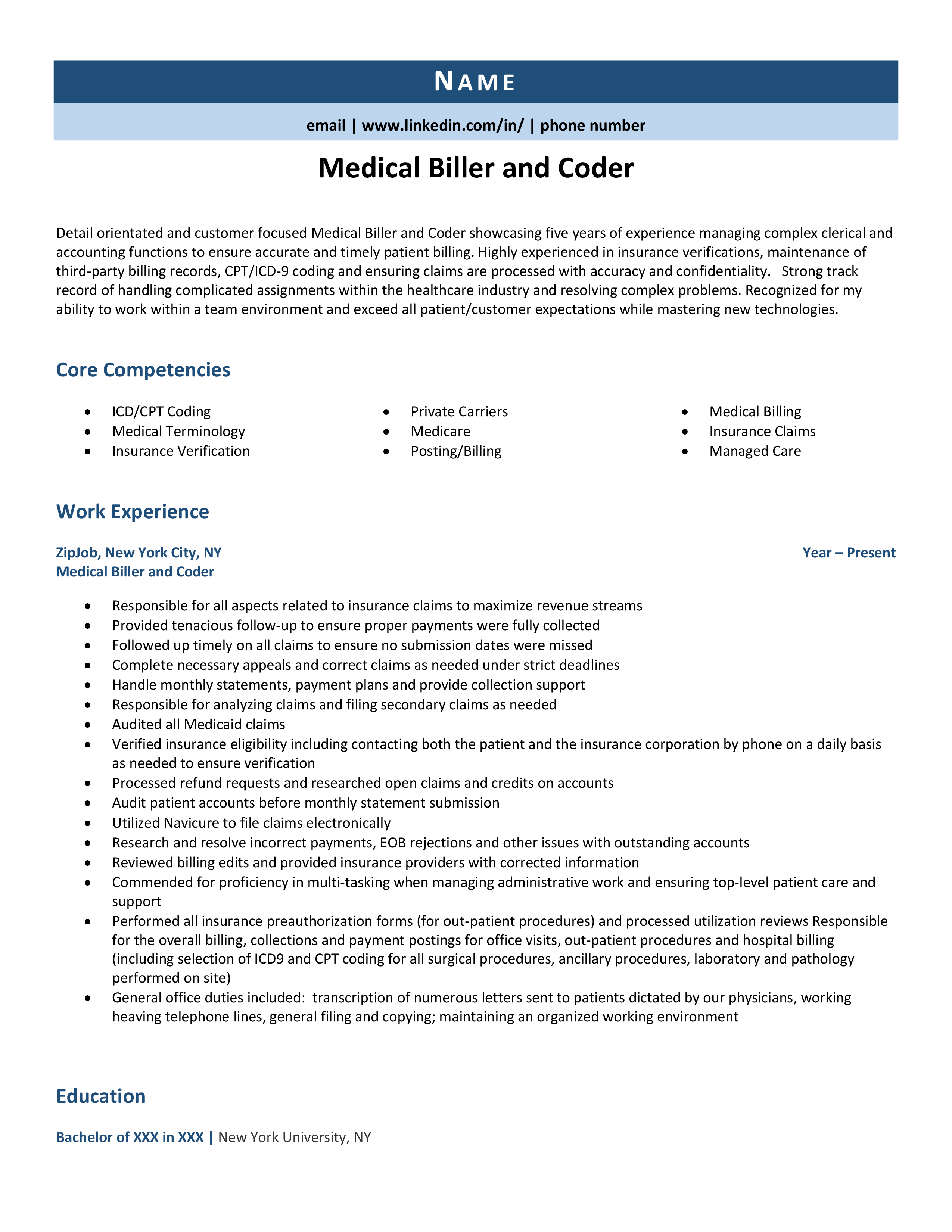 Medical Biller And Coder Resume Example Guide 2021 ZipJob   Medicalbillerandcoder 