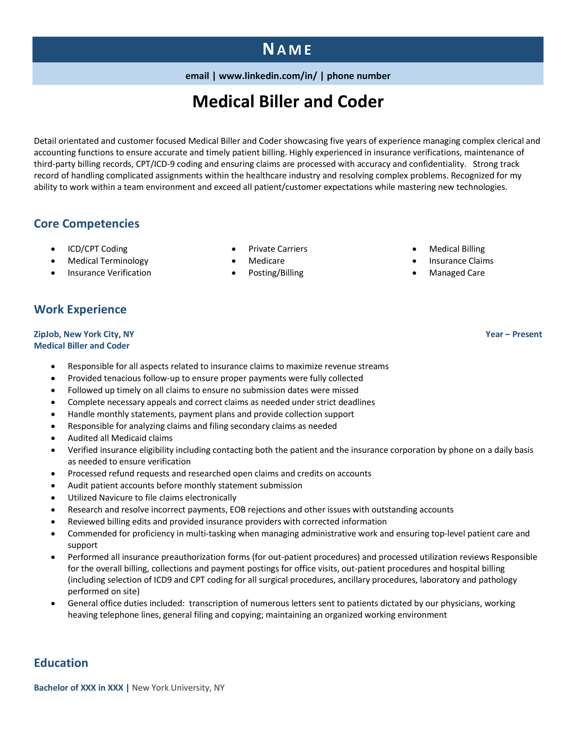 Entry Level Jobs Medical Billing Coding Medical Biller and Coder Resume Example & Guide (2021) | ZipJob