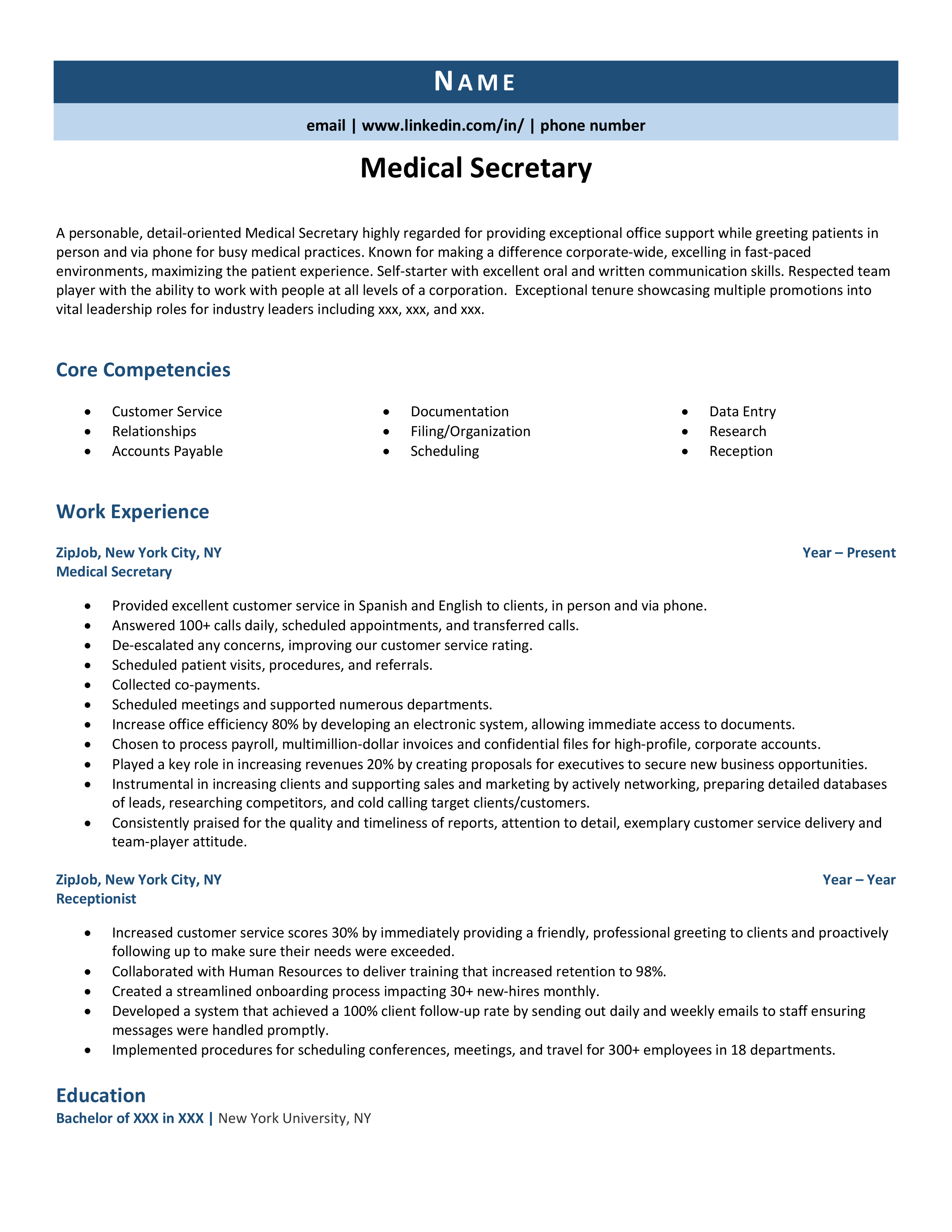 Medical Secretary Resume Example Guide ZipJob   Medicalsecretary 