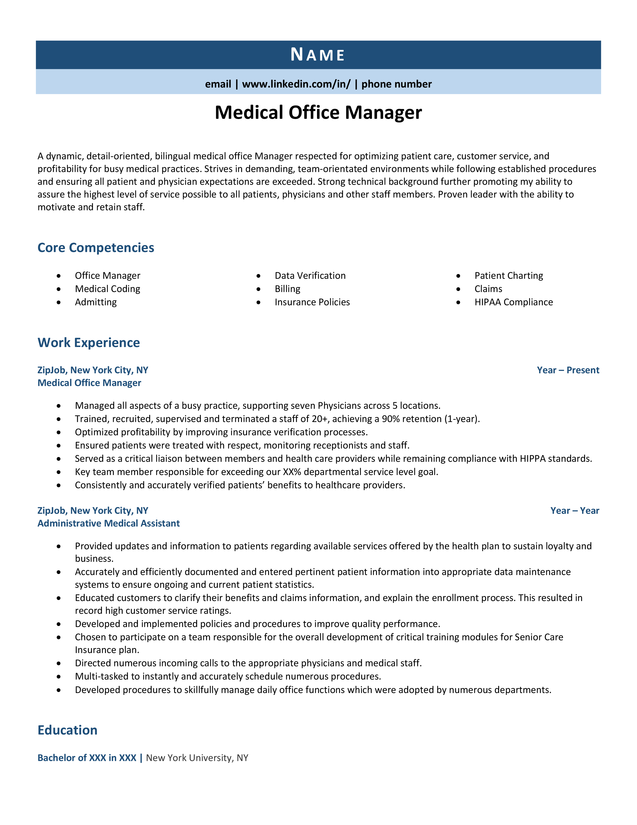 Medical Office Manager Resume Example Guide ZipJob   Medicalofficemanager 