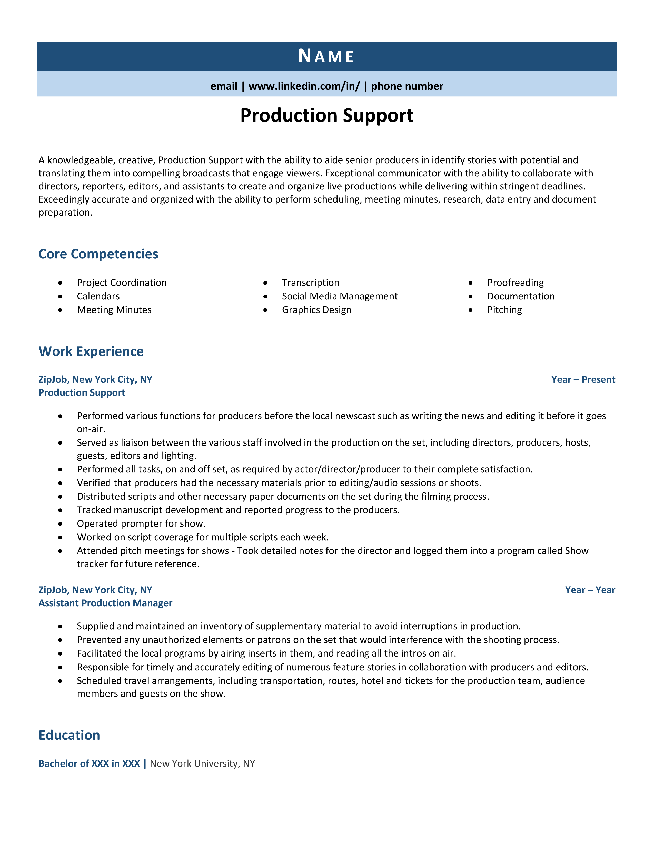 resume samples for it production support