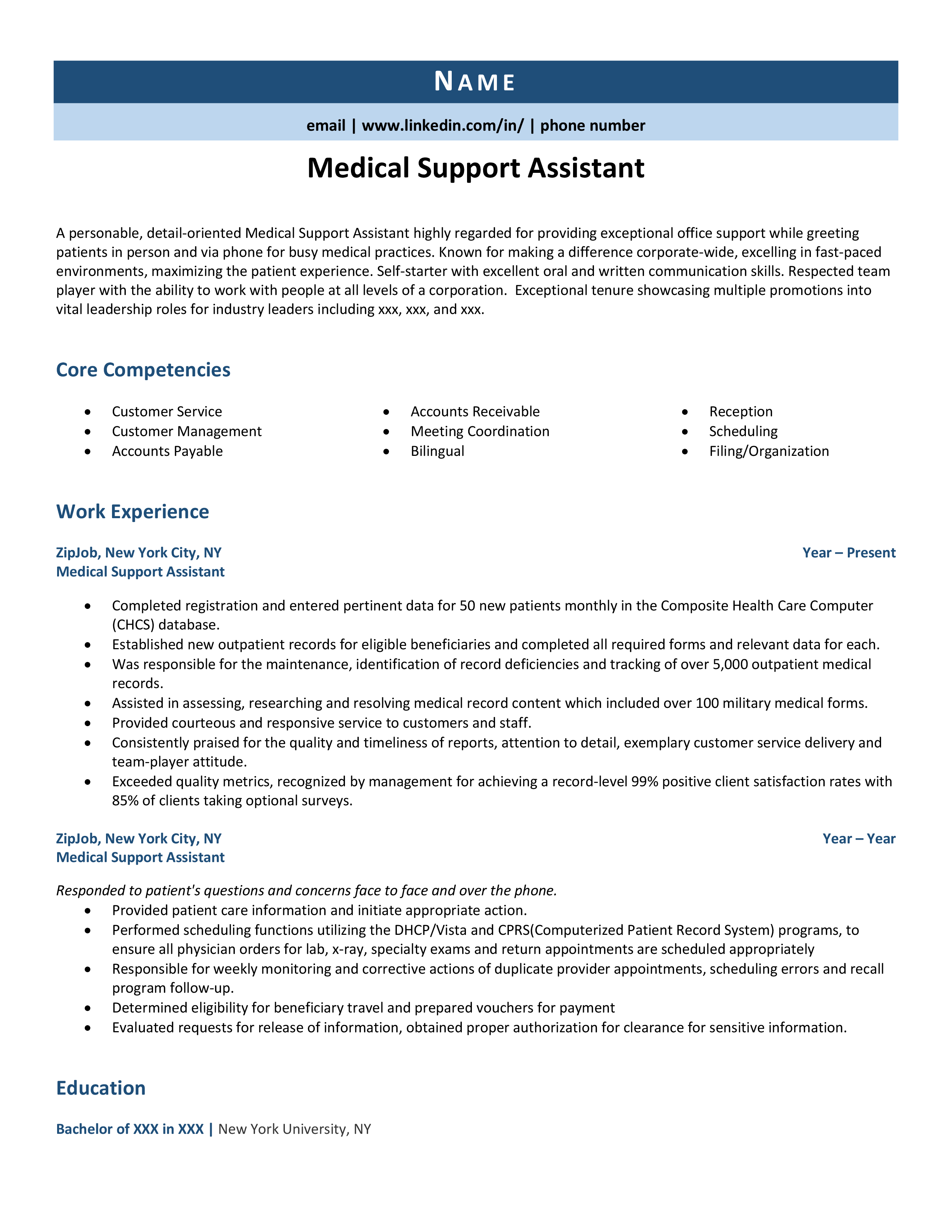 Medical Support Assistant Resume Example Guide ZipJob   Medicalsupportassistant 