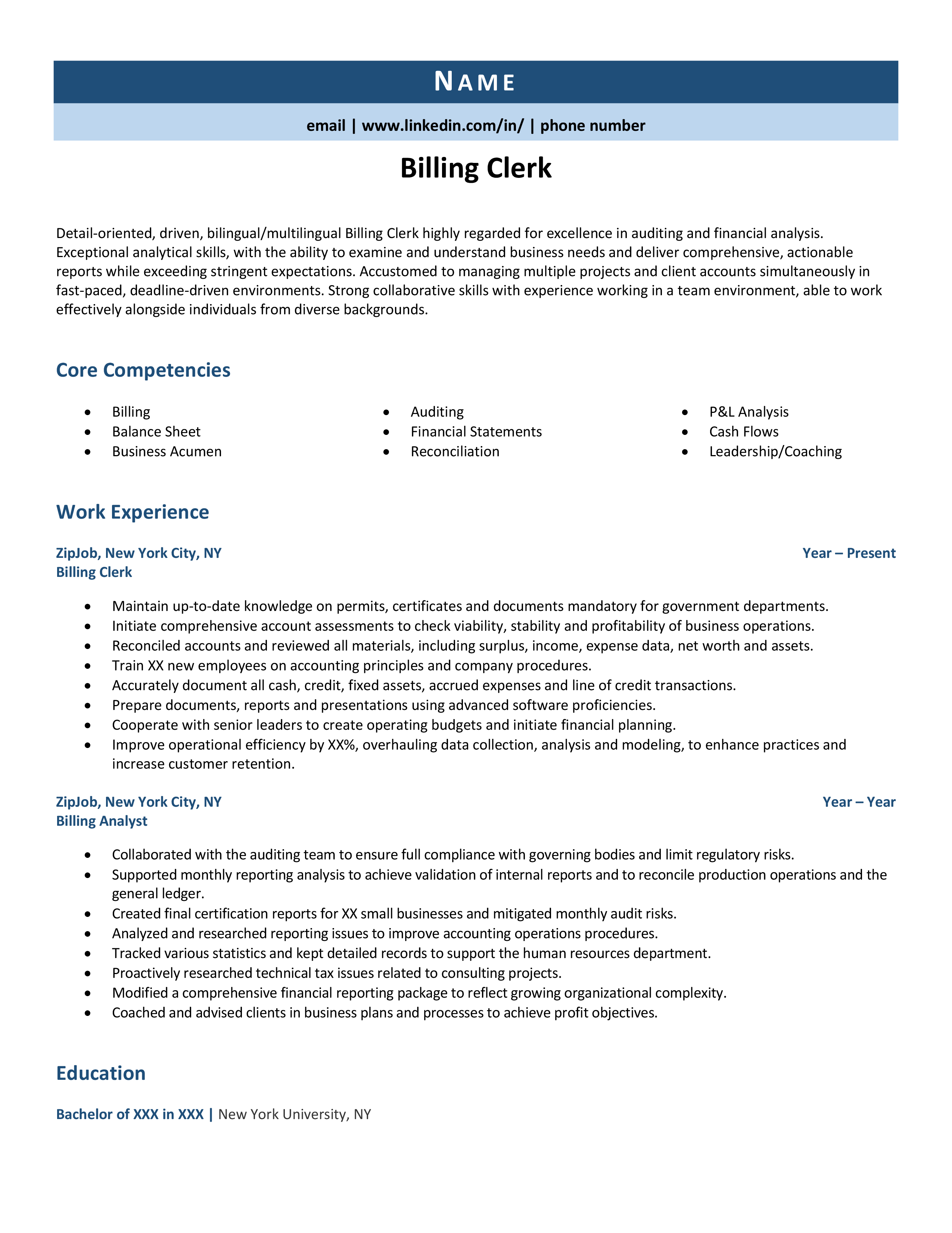 Billing Clerk Resume Example Guide ZipJob   Billingclerk 