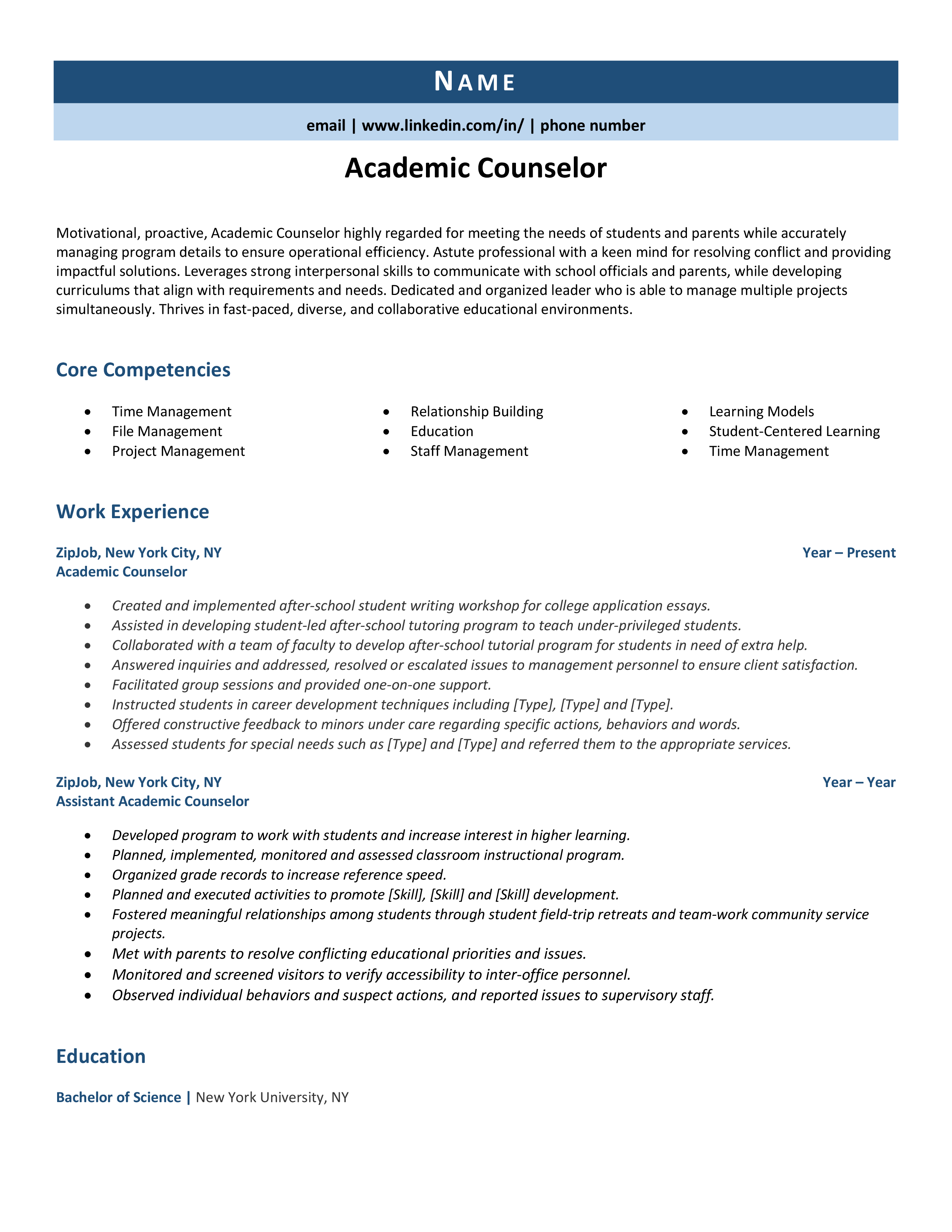 Academic Counselor Resume Example Guide ZipJob   Academic Counselor 