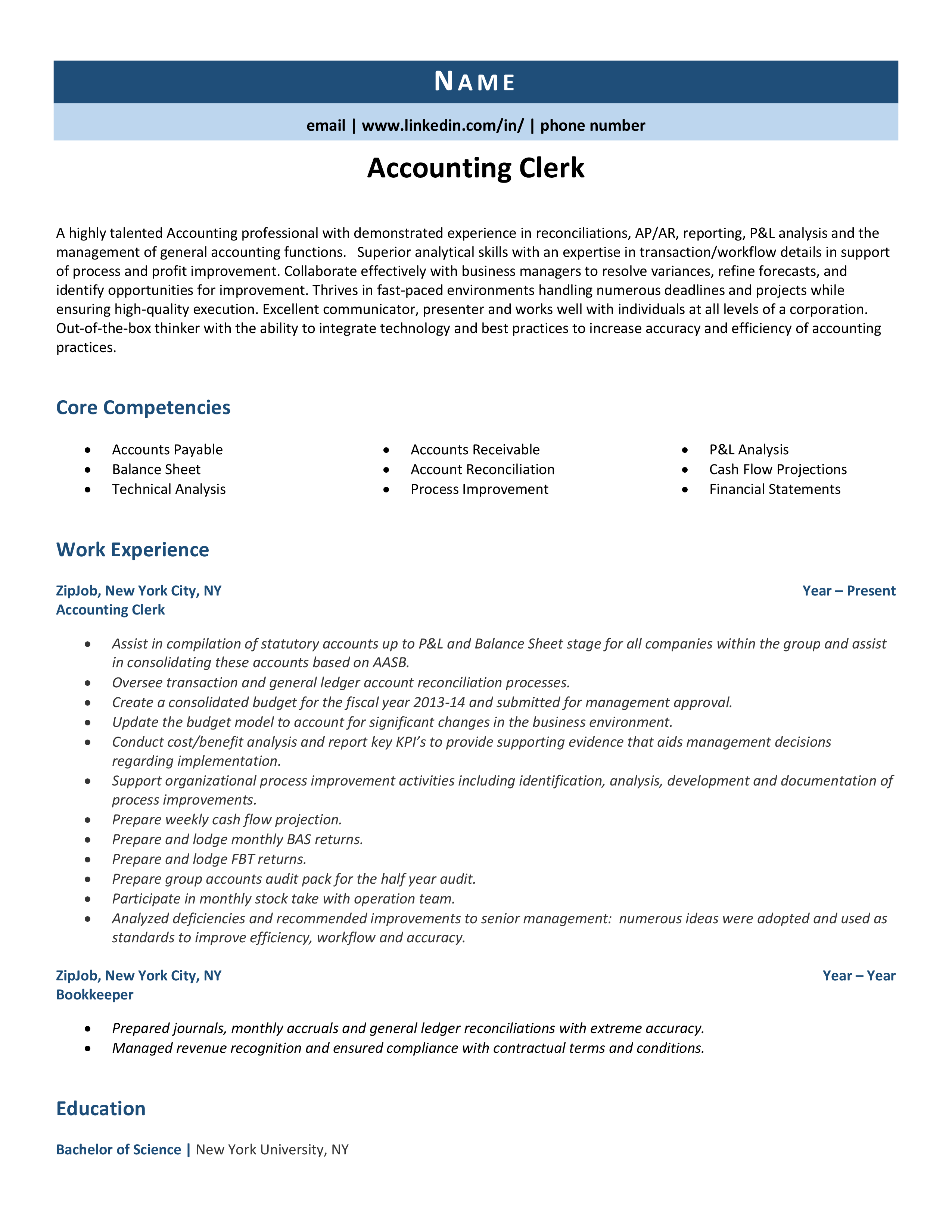bookkeeping resume templates free