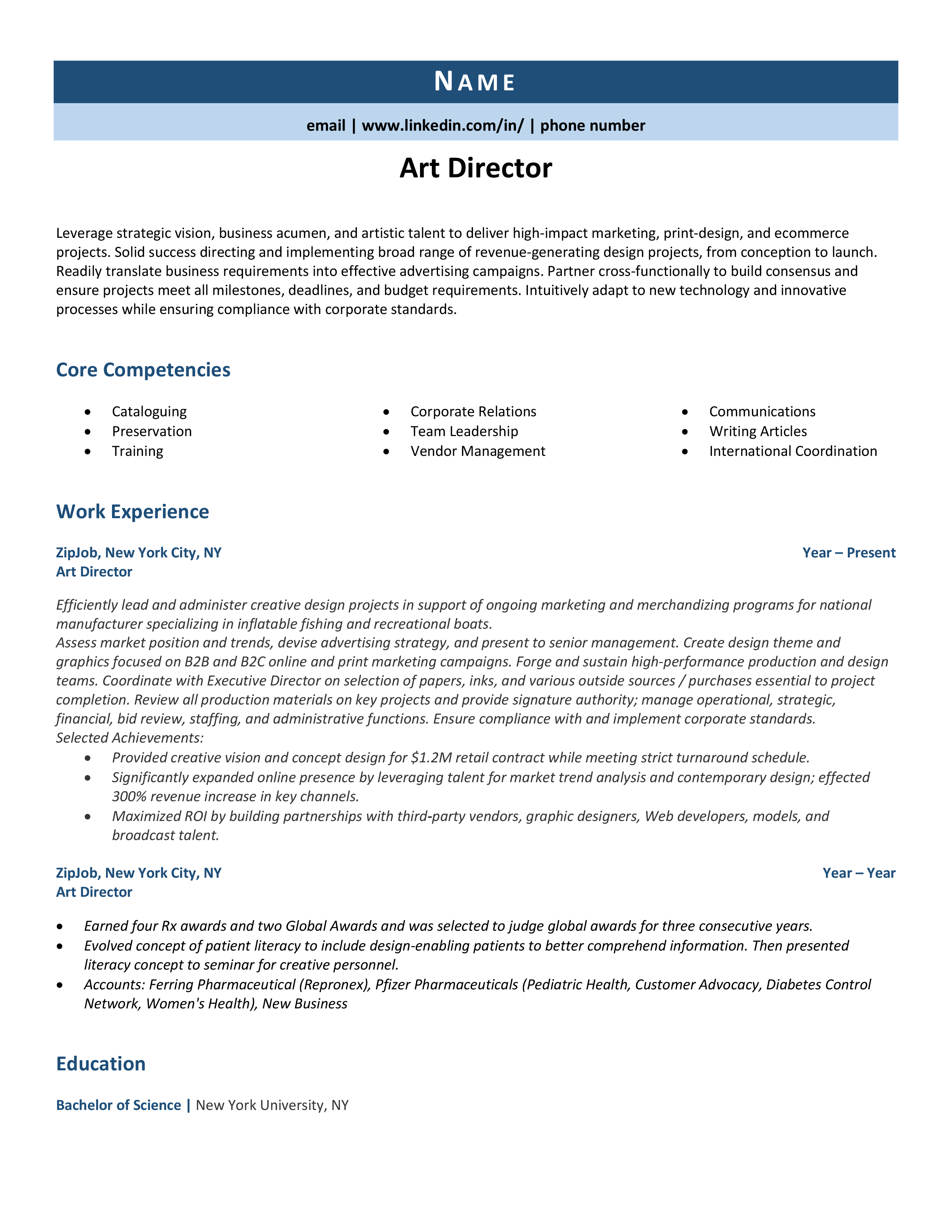 Art Director Resume Example Guide ZipJob   Art Director 