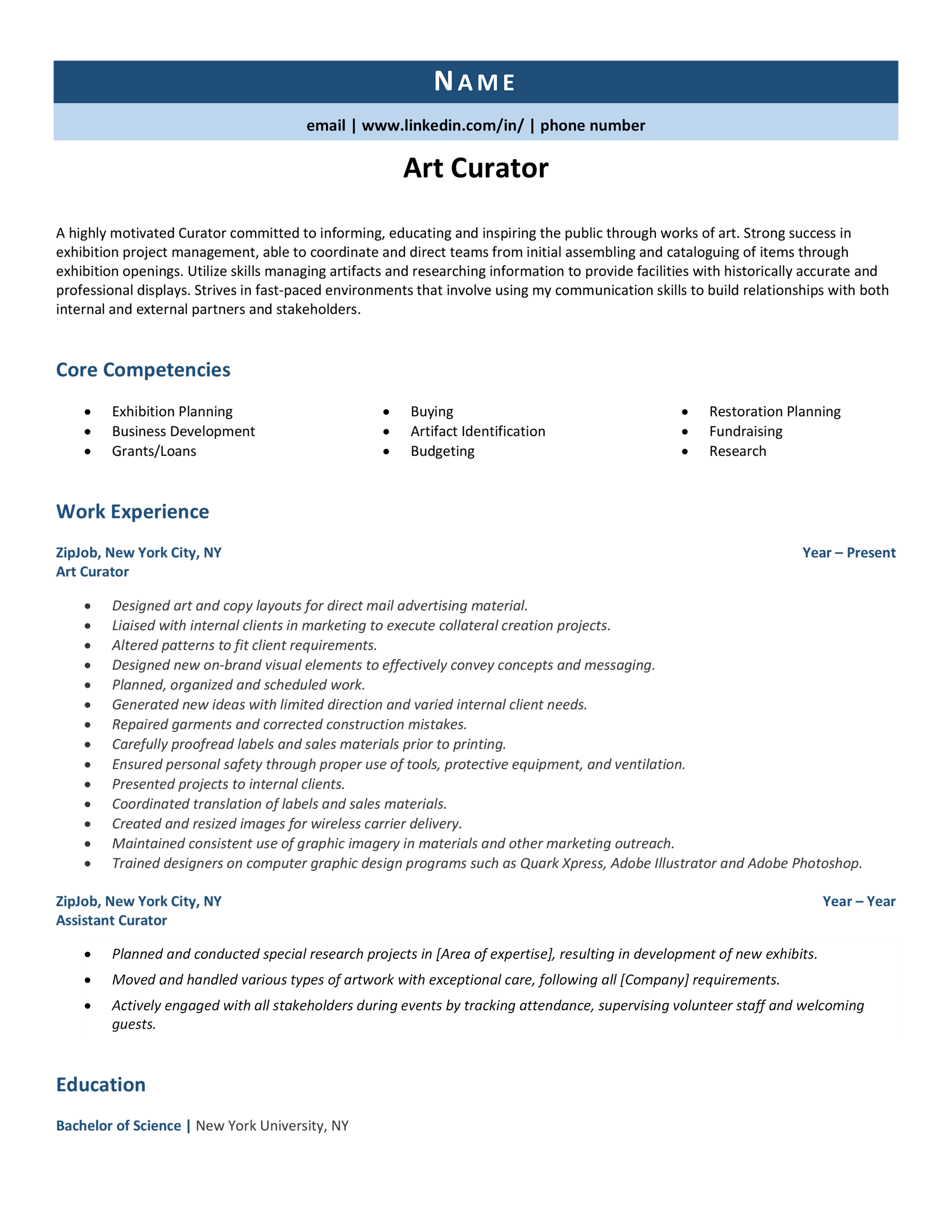 Art Curator Resume Example, Tips, & Tricks | ZipJob