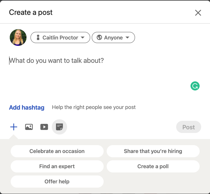 Create a post LinkedIn Caitlin Proctor