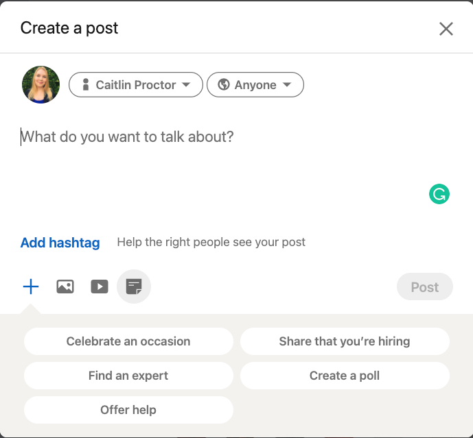 Create a post LinkedIn Caitlin Proctor