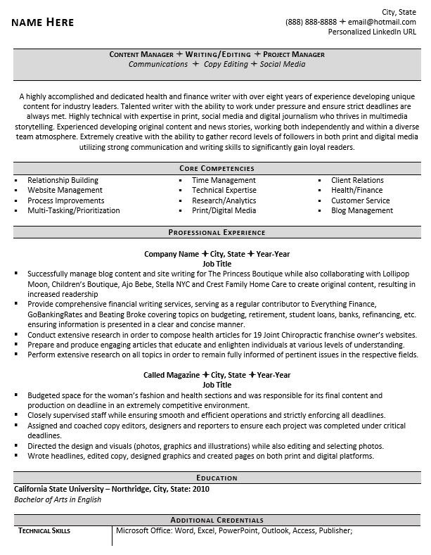 Professional Writer and Editor Resume Example