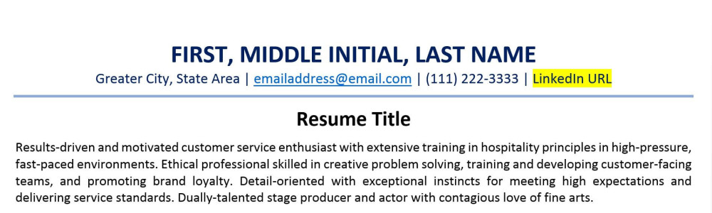 LinkedIn URL on resume example