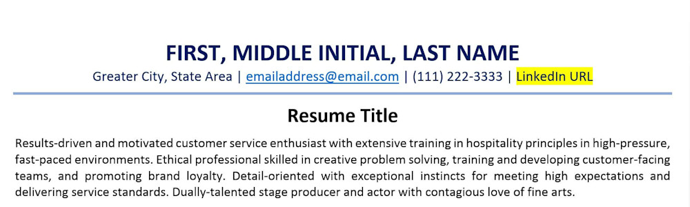 LinkedIn URL on resume example