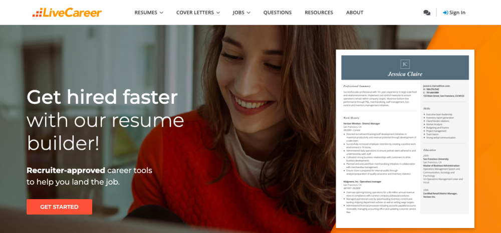 LiveCareer Resume Builder website