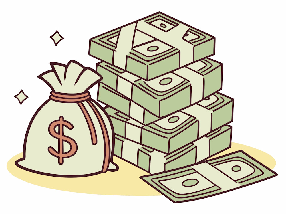pile of money next to a bag with a dollar sign