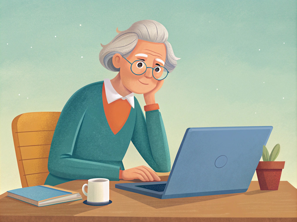 Senior man behind a laptop looking for a job