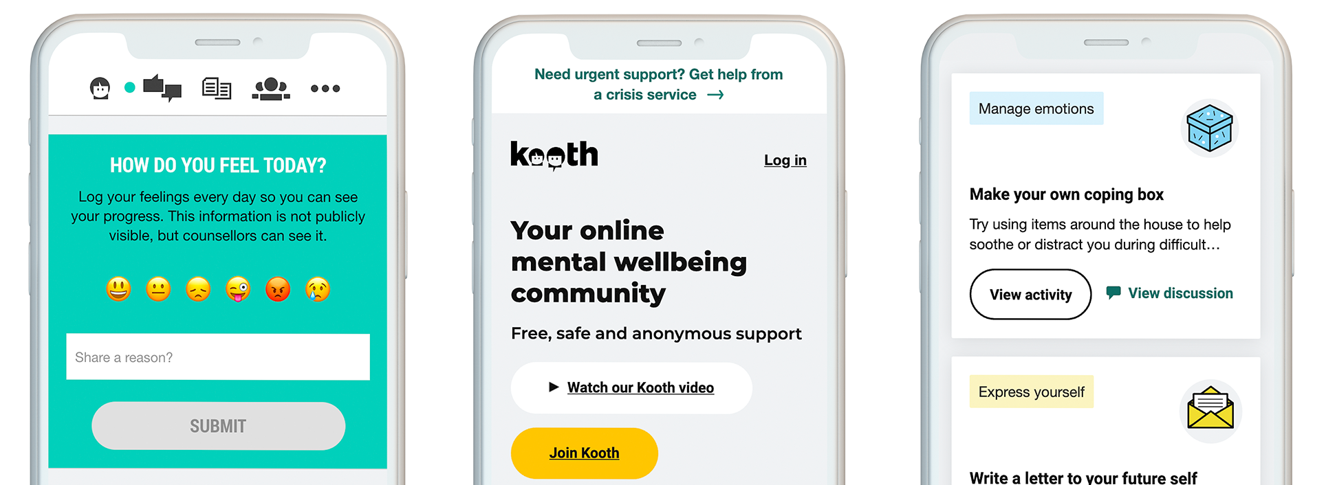 A few features you'll find on Kooth for children and young people include mini-activities, access to live forums, as well as articles written by young people and the Kooth team.