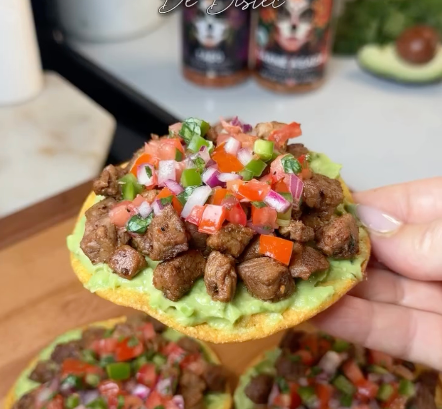 Steak tostadas with guacamole and pico de gallo