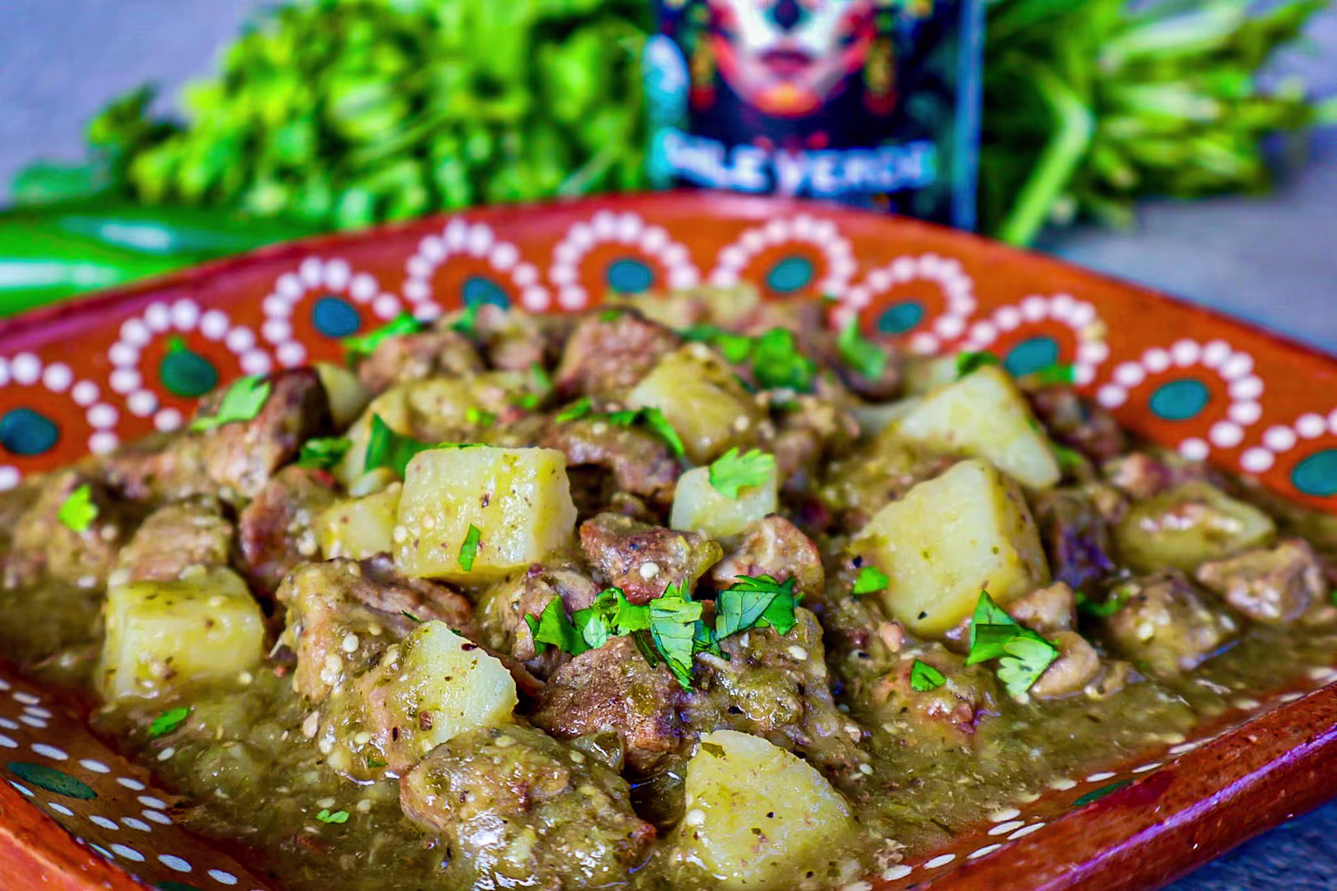 Pork and potatoes in chile verde sauce