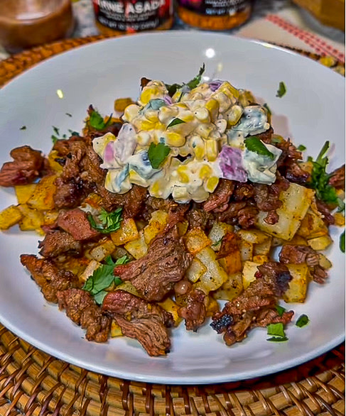 Loaded street corn steak & crispy potato bowl