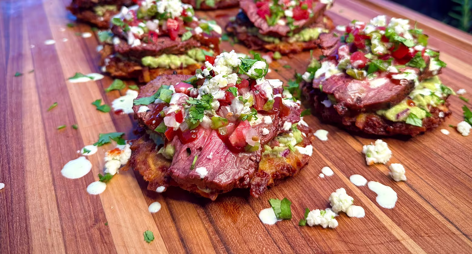 Rotisserie tri-tip w/ cheesy plantain hash browns