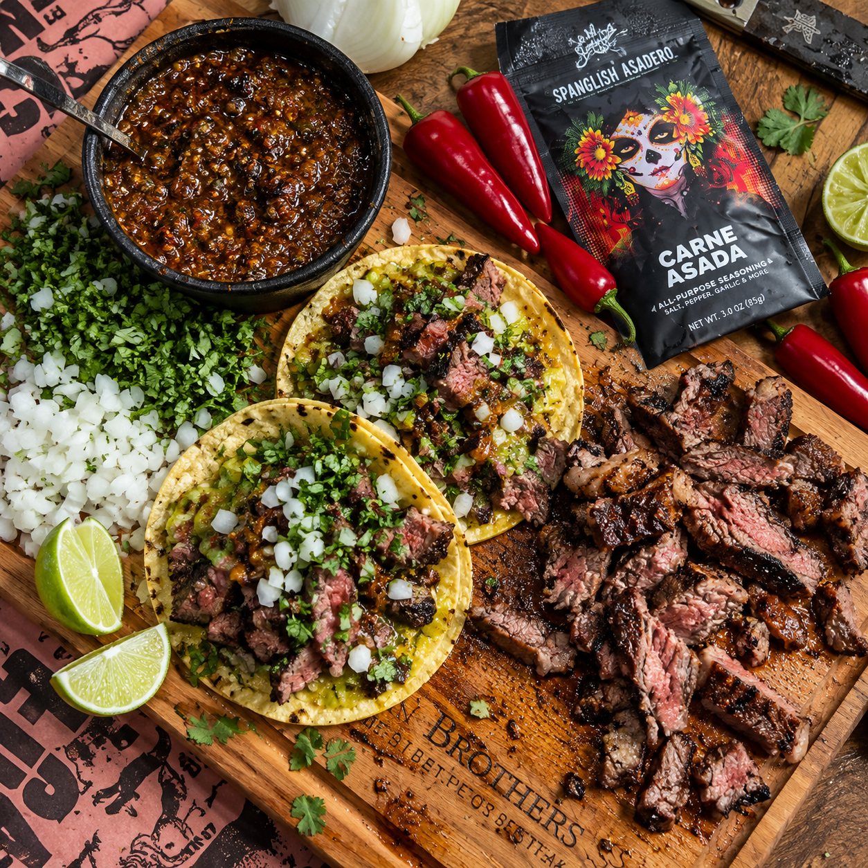 Ribeye Steak Tacos on a cutting board surrounded by chopped onions, cilantro, beef and lemons