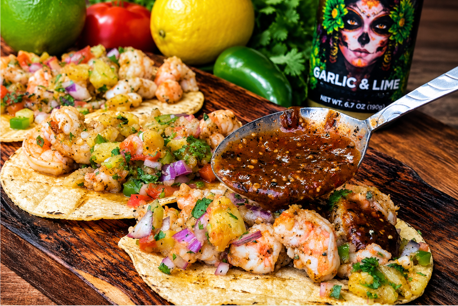 Shrimp tacos with pineapple pico de gallo