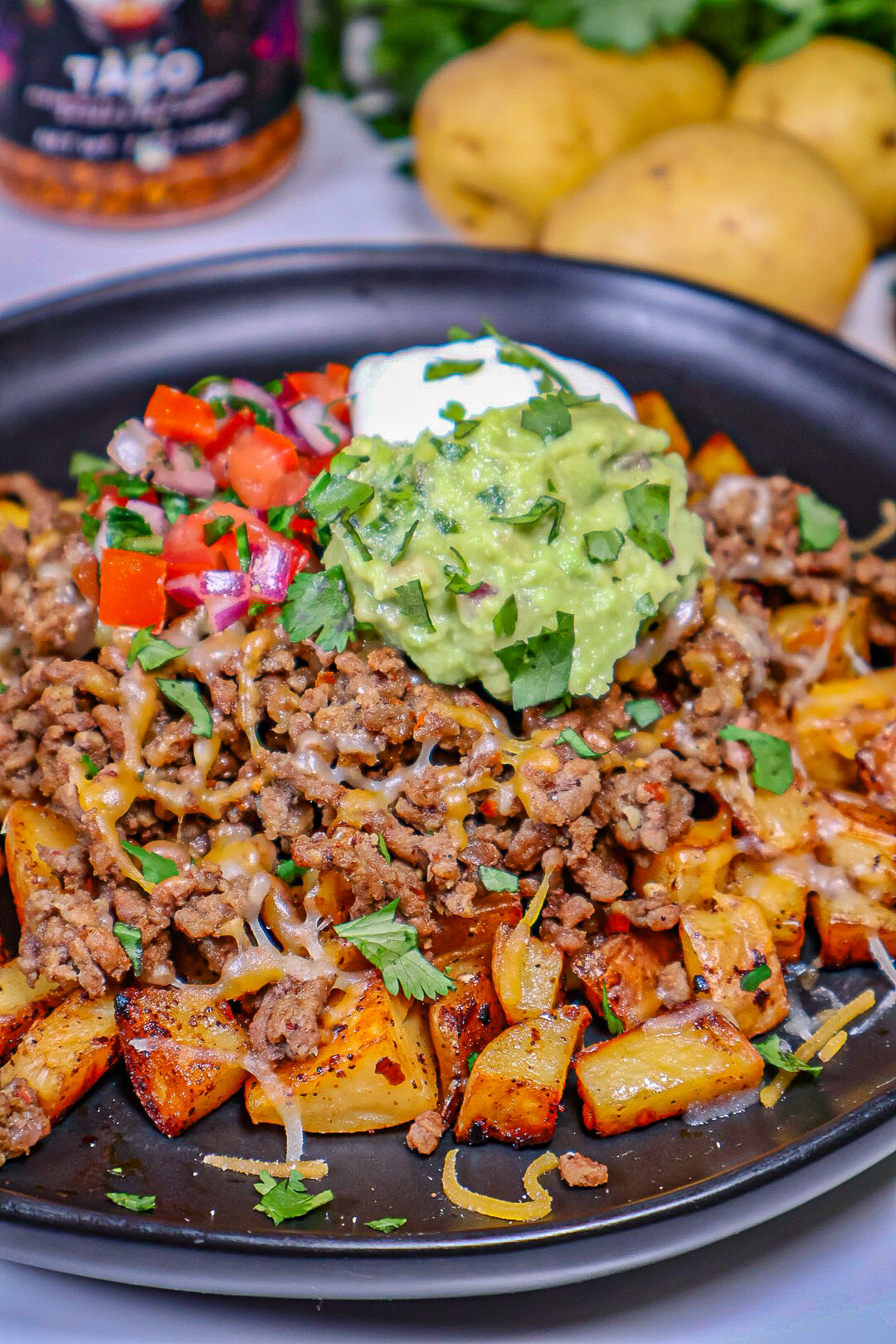 Beef taco loaded potato bowl