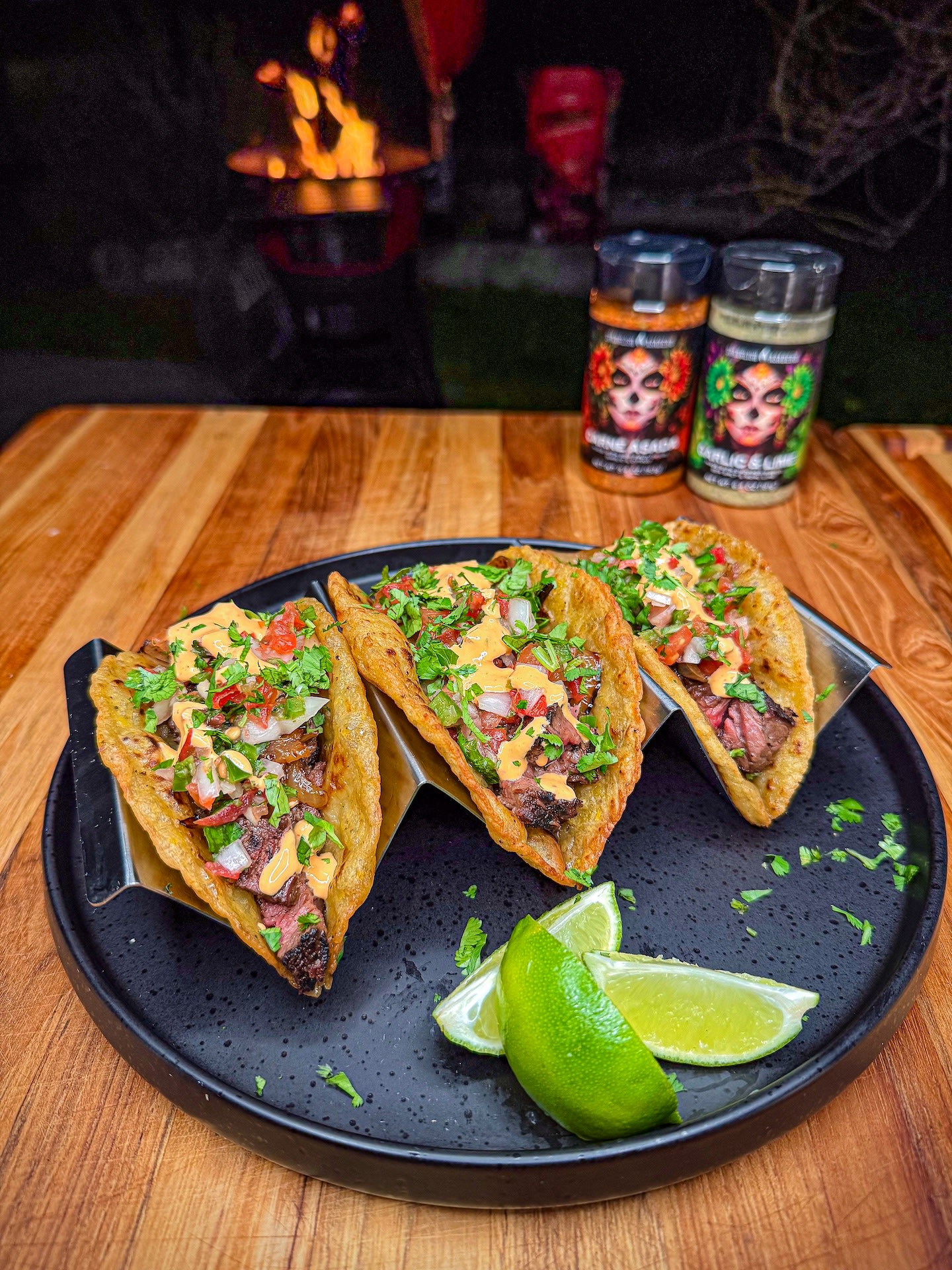 Arrachera tacos with crispy plantain tortillas