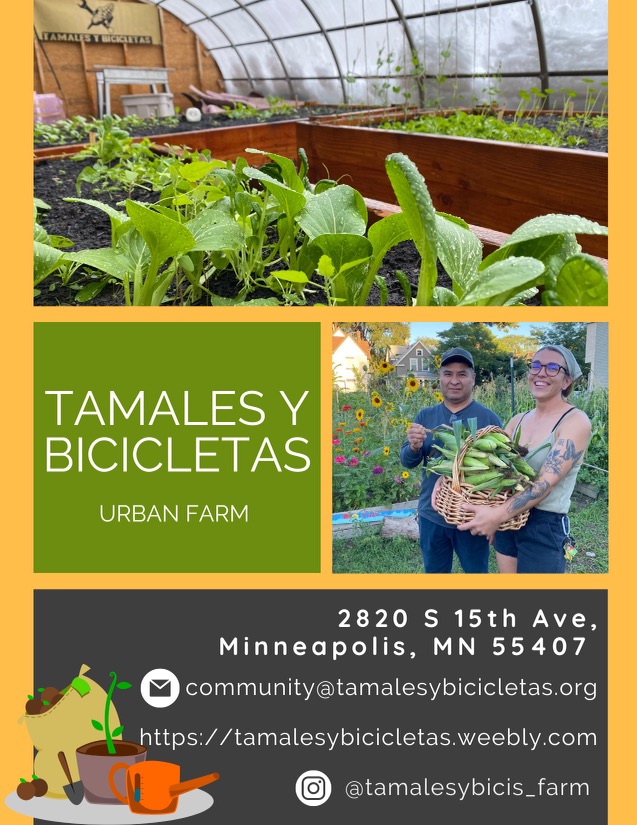 The first sheet of a Tamales y Bicicletas brochure feature images of the urban farm.