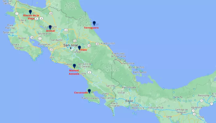 CARTE DES PLUS BEAUX PARCS NATIONAUX AU COSTA RICA