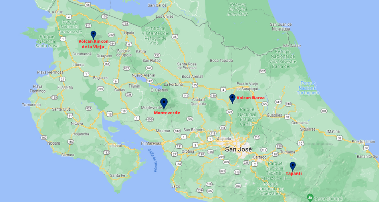 CARTE DES MEILLEURES ACTIVITÉS À FAIRE AU COSTA RICA