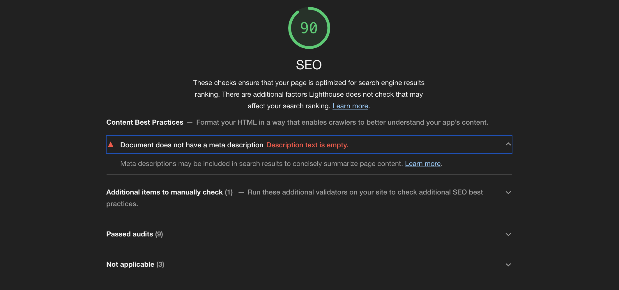 First Lighthouse SEO score