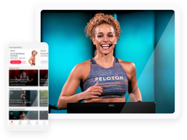 The image of a Peloton female instructor and the classes on a tablet and mobile phone 
