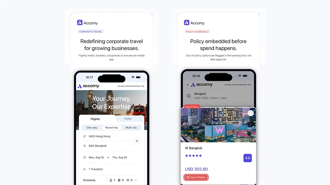 Two Accomy app screens: a flight search from Hong Kong to Bangkok, and a W Bangkok hotel result flagged Out of Policy.