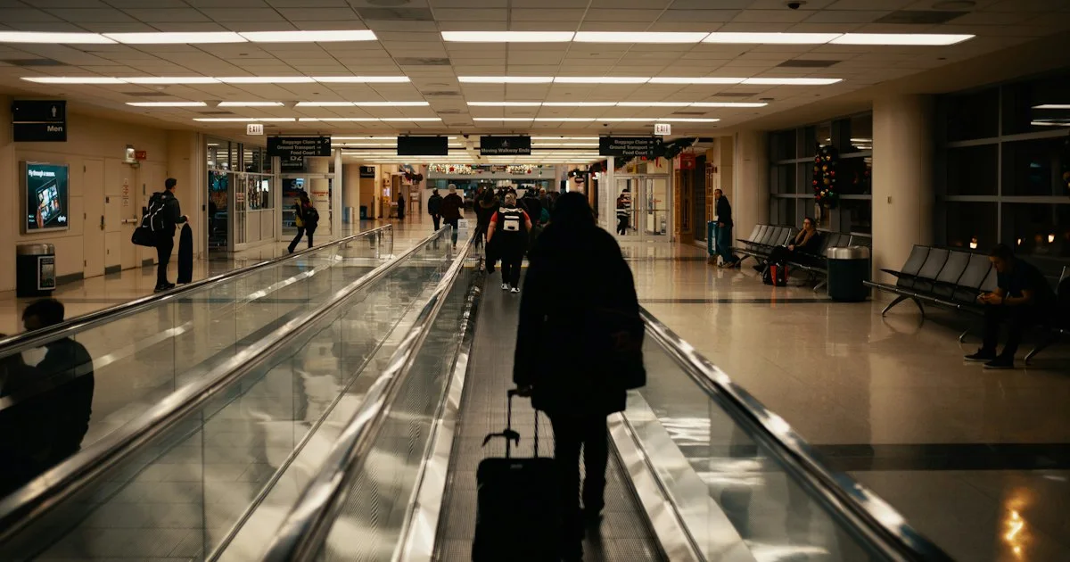A business traveller walking through an airport terminal with luggage. (source: https://images.unsplash.com/photo-1545595271-908483fa6e50)