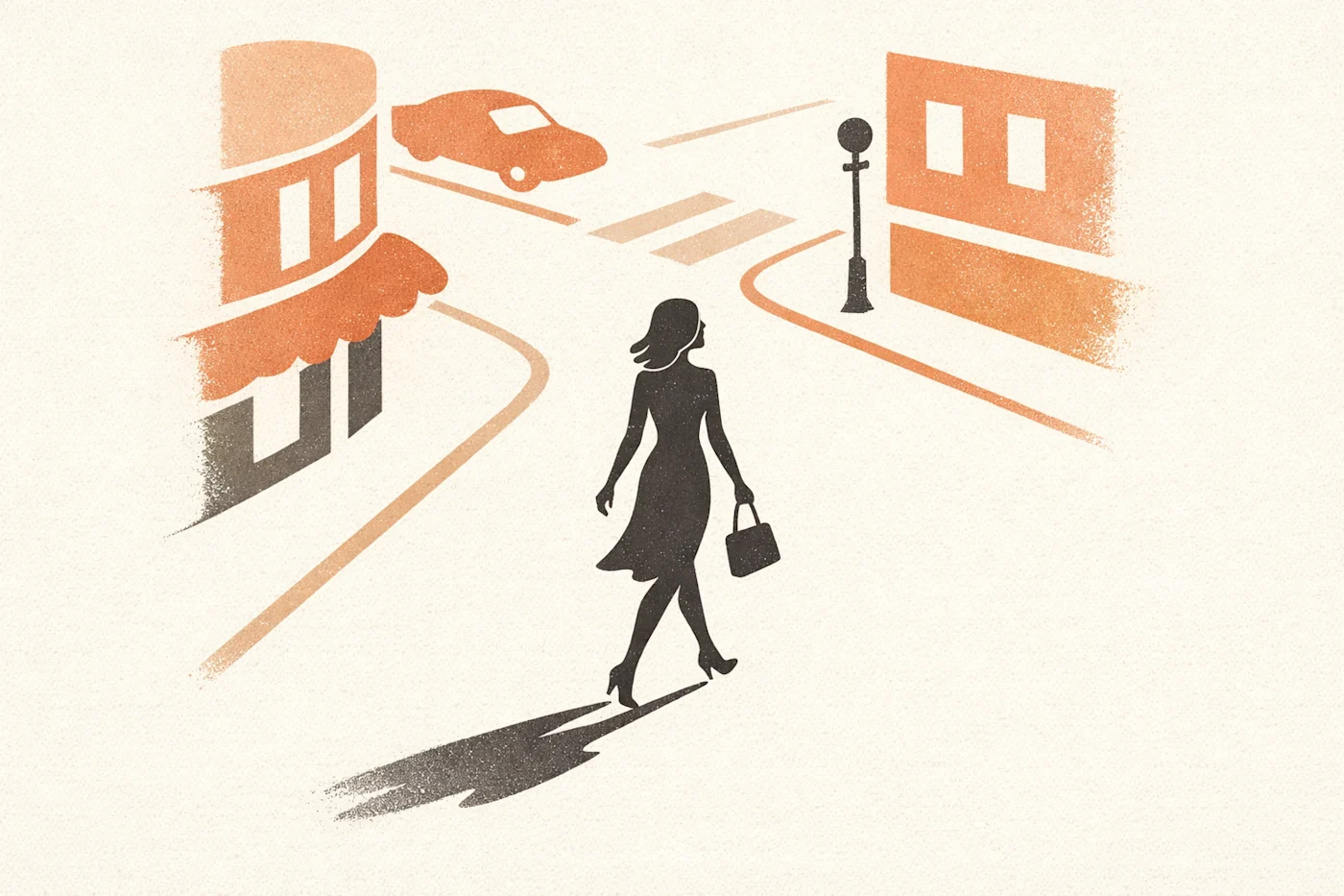 Elegant Woman Walking Through City at Dusk
