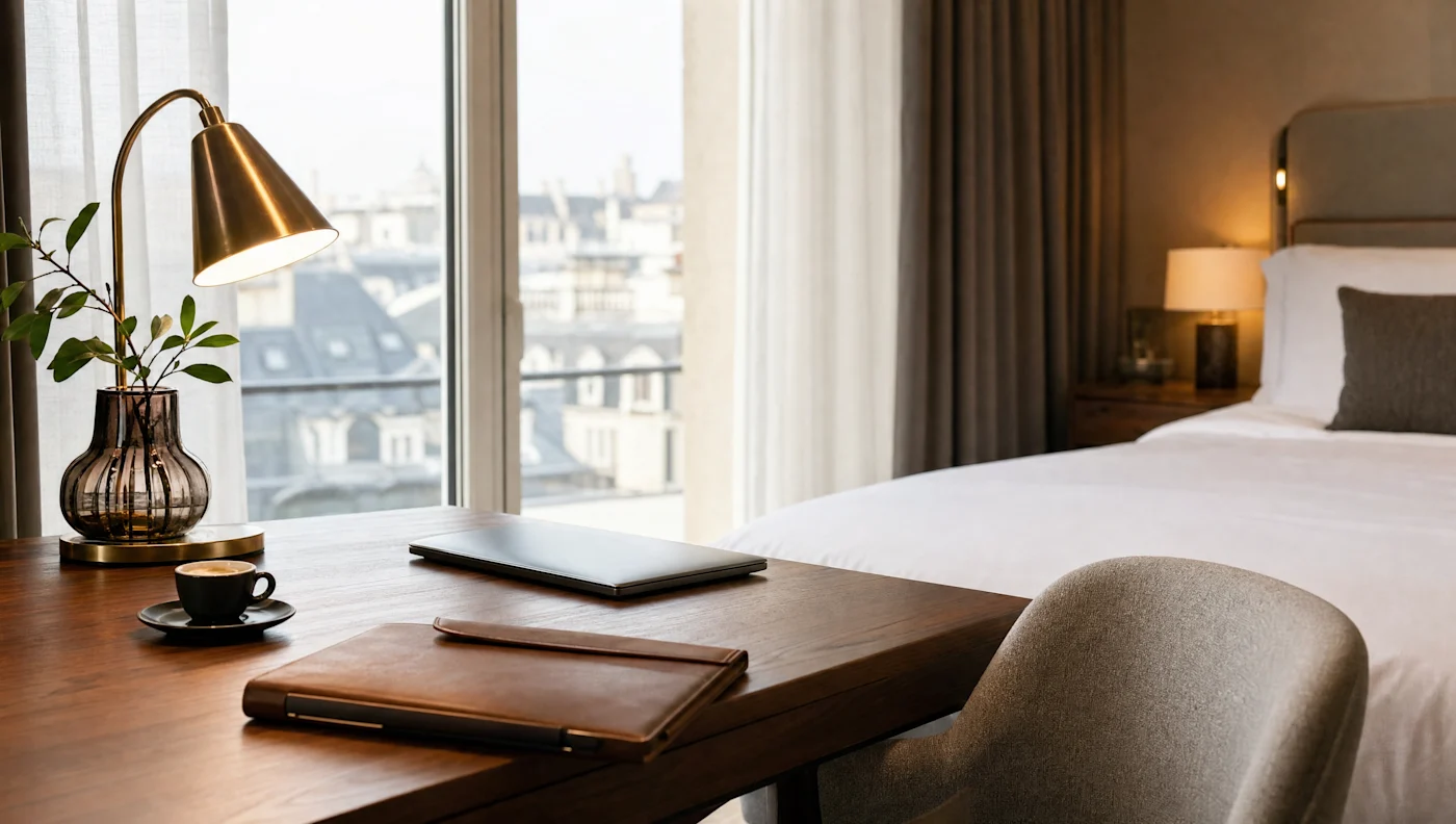 A walnut writing desk with a closed laptop and an espresso beside a hotel window overlooking city rooftops in morning light.