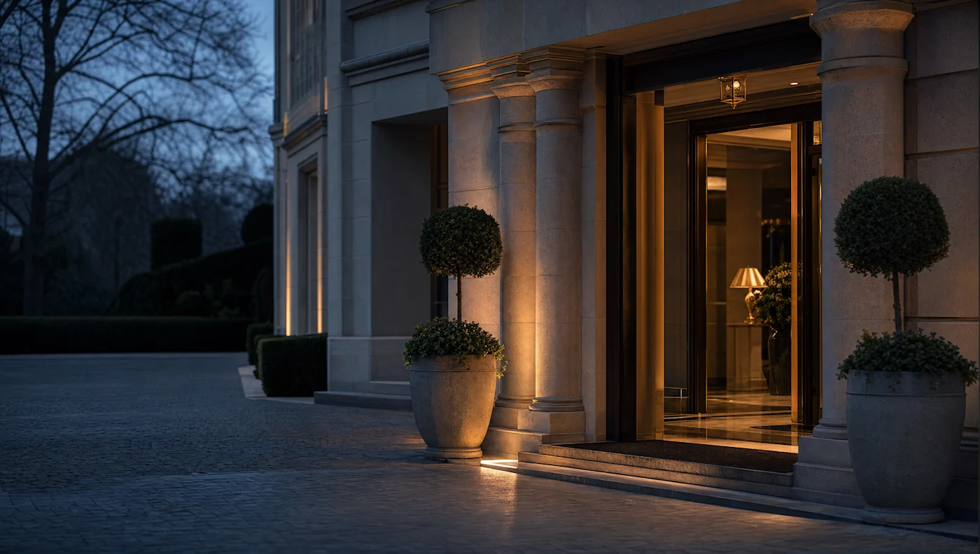 Warm light spilling from the entrance of an understated luxury hotel at dusk, with clipped topiary flanking the doorway.
