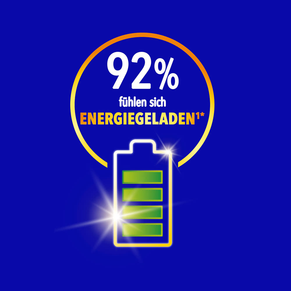 „92 % fühlen sich energiegeladen" mit einem leuchtenden Batteriesymbol auf blauem Hintergrund