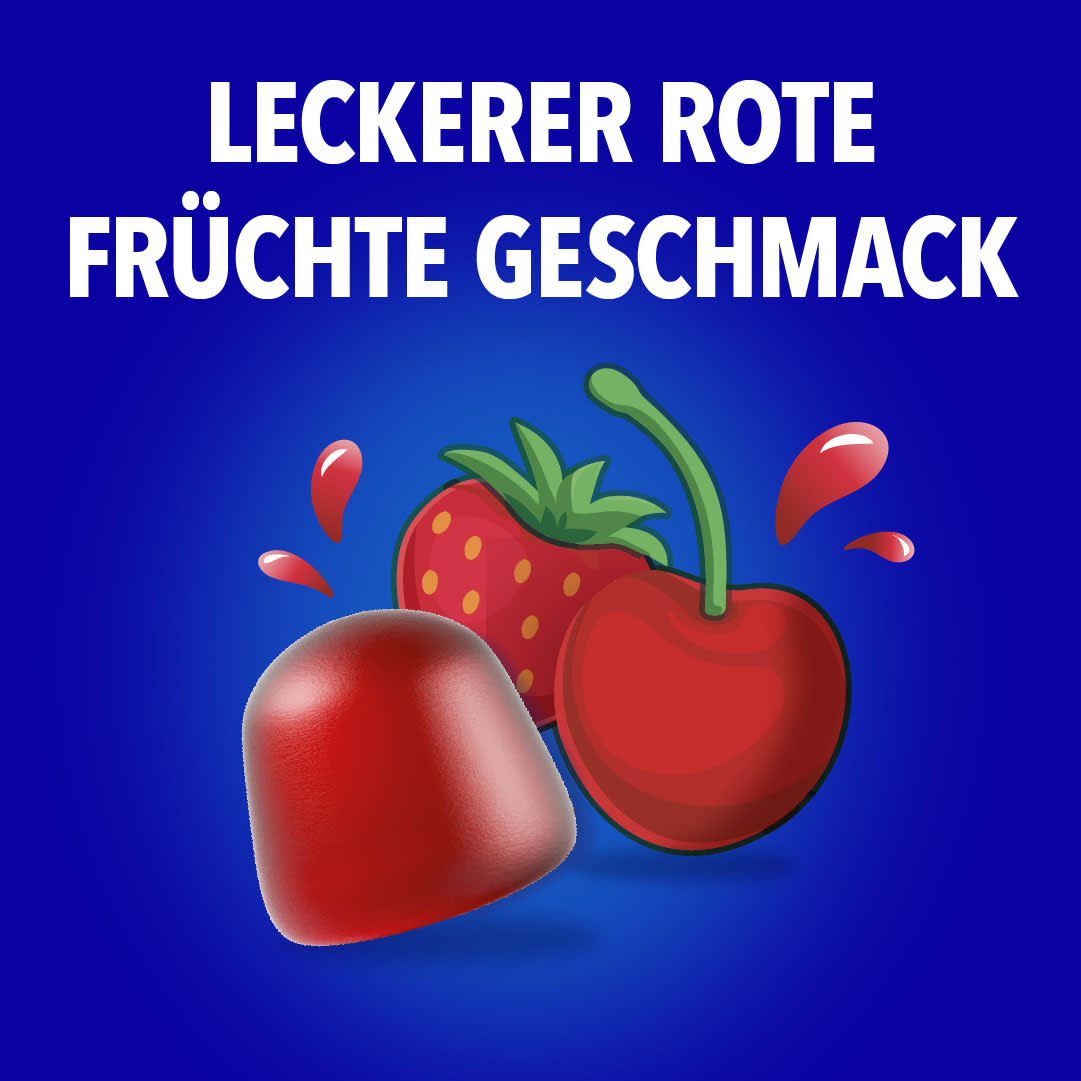 „Leckerer rote Früchte Geschmack" mit Erdbeere und Kirsche auf blauem Hintergrund