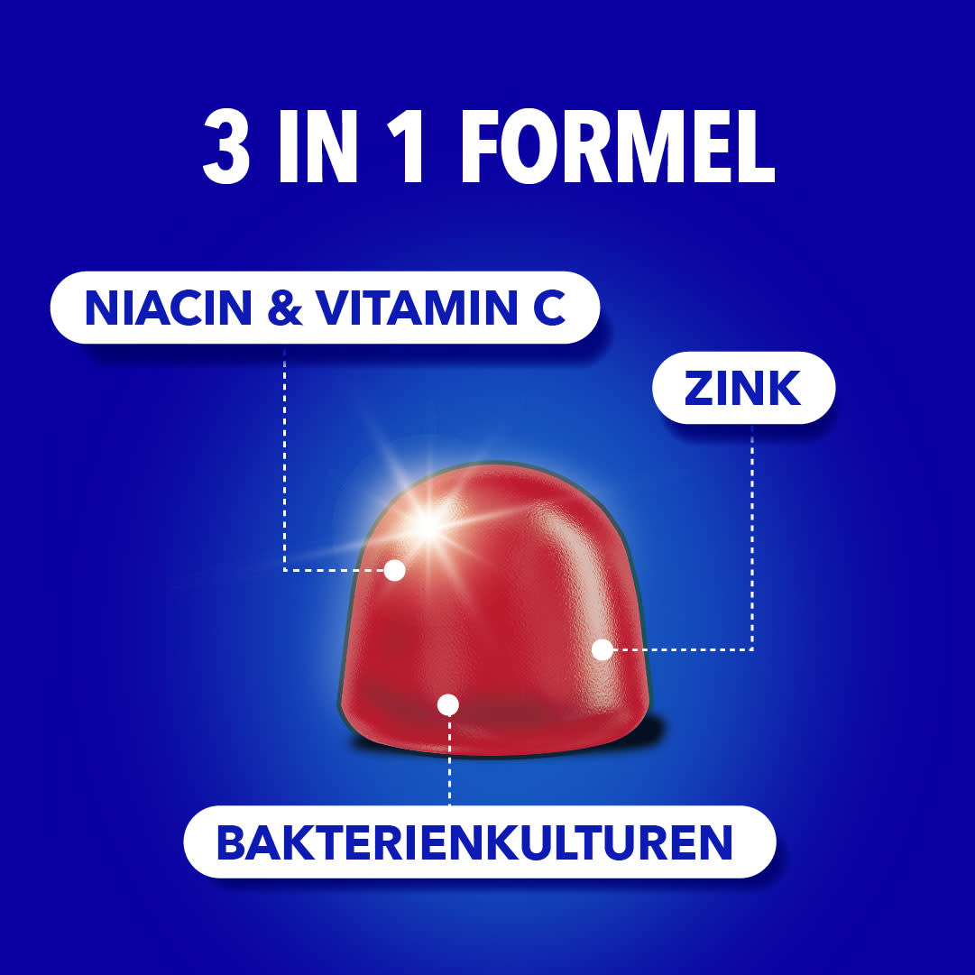„3 in 1 Formel" mit einem roten Weichgummi und den Labels: Niacin & Vitamin C, Zink, Bakterienkulturen