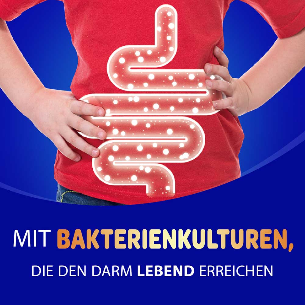Kind mit beleuchteter Darmillustration auf dem T-Shirt und dem Text „Mit Bakterienkulturen, die den Darm lebend erreichen"